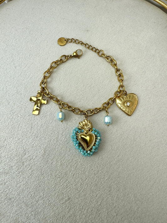 Bracciale con cuore sacro, cristallini colorati e ciondoli
