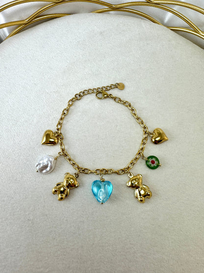 Bracciale con due teddy e cuore colorato