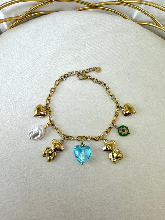 Bracciale con due teddy e cuore colorato