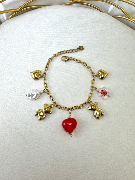 Bracciale con due teddy e cuore colorato