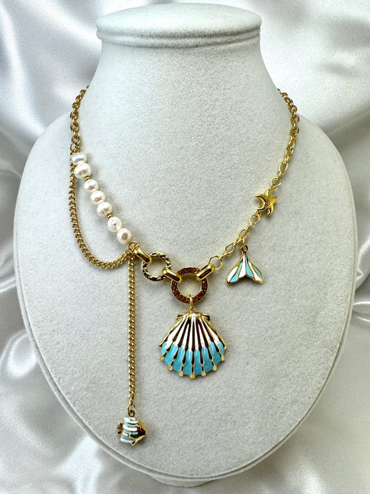 Collana conchiglia, catenella e perle di fiume