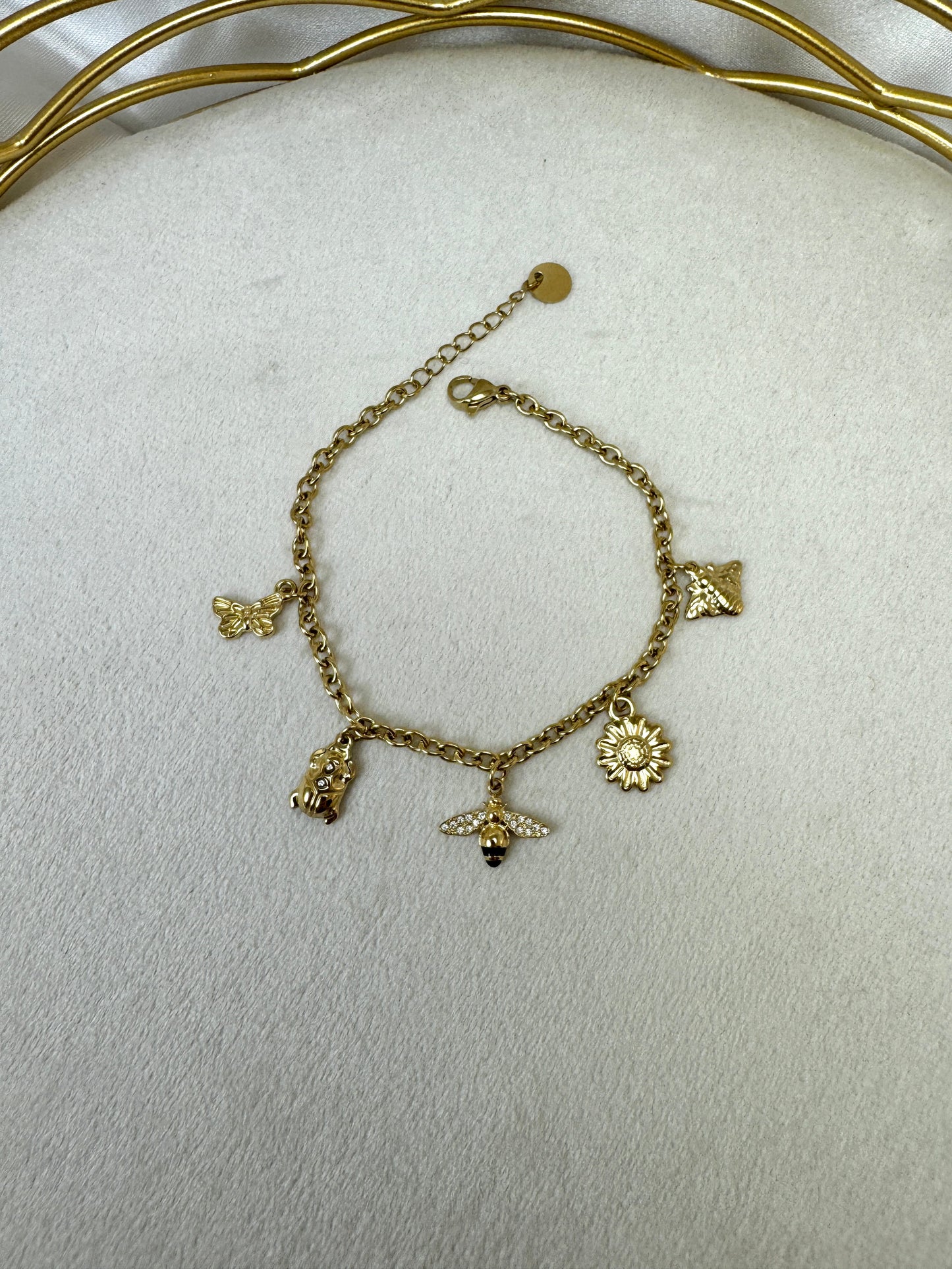 Bracciale con scarabeo, api e girasole