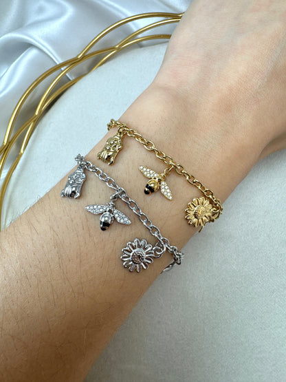 Bracciale con scarabeo, api e girasole
