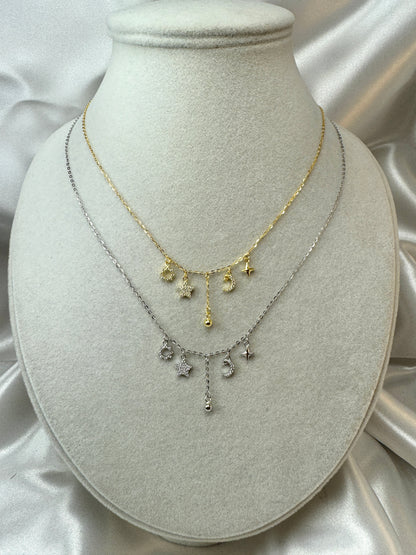 Collana con sole, stella, luna, pallina pendenti