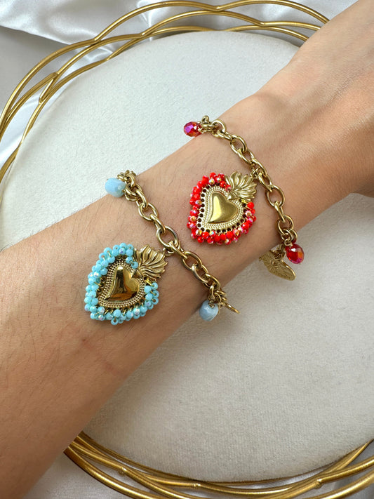 Bracciale con cuore sacro, cristallini colorati e ciondoli