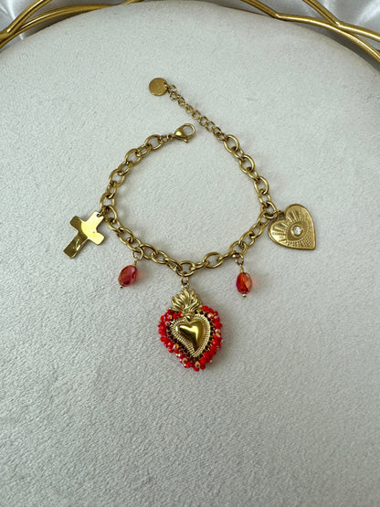 Bracciale con cuore sacro, cristallini colorati e ciondoli